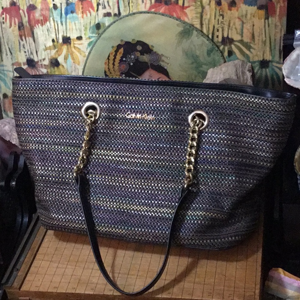 Calvin Klein Jewel Tone Black Woven Bag 15”Lx8.5”Hx4.5”W Gold Chain Black Handle
